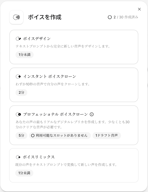 ElevenLabsのVoice作成方法選択画面(ボイスデザイン・インスタント・プロフェッショナル・リミックス)