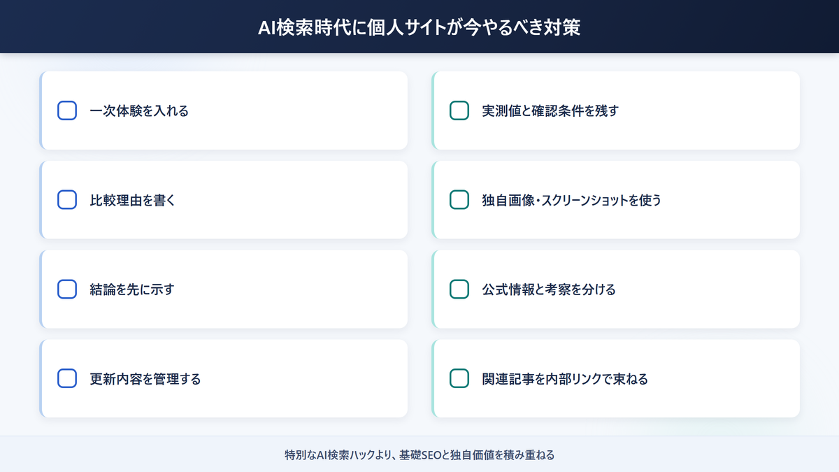 AI検索時代に個人サイトが行うSEO対策チェックリスト