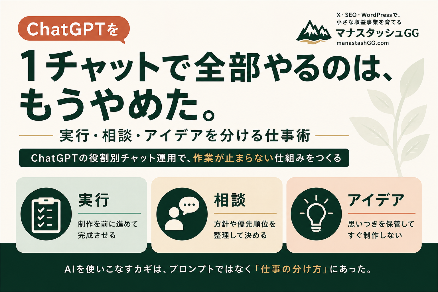 ChatGPTを実行・相談・アイデアに分ける役割別チャット運用の記事アイキャッチ