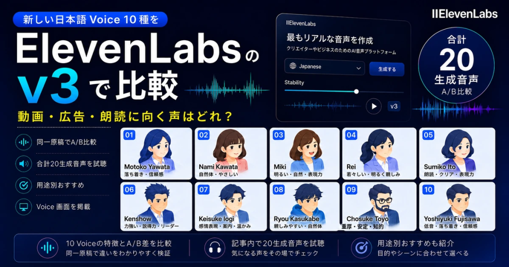ElevenLabsの新しい日本語Voice 10種をv3で比較｜動画・広告・朗読に向く声はどれ？