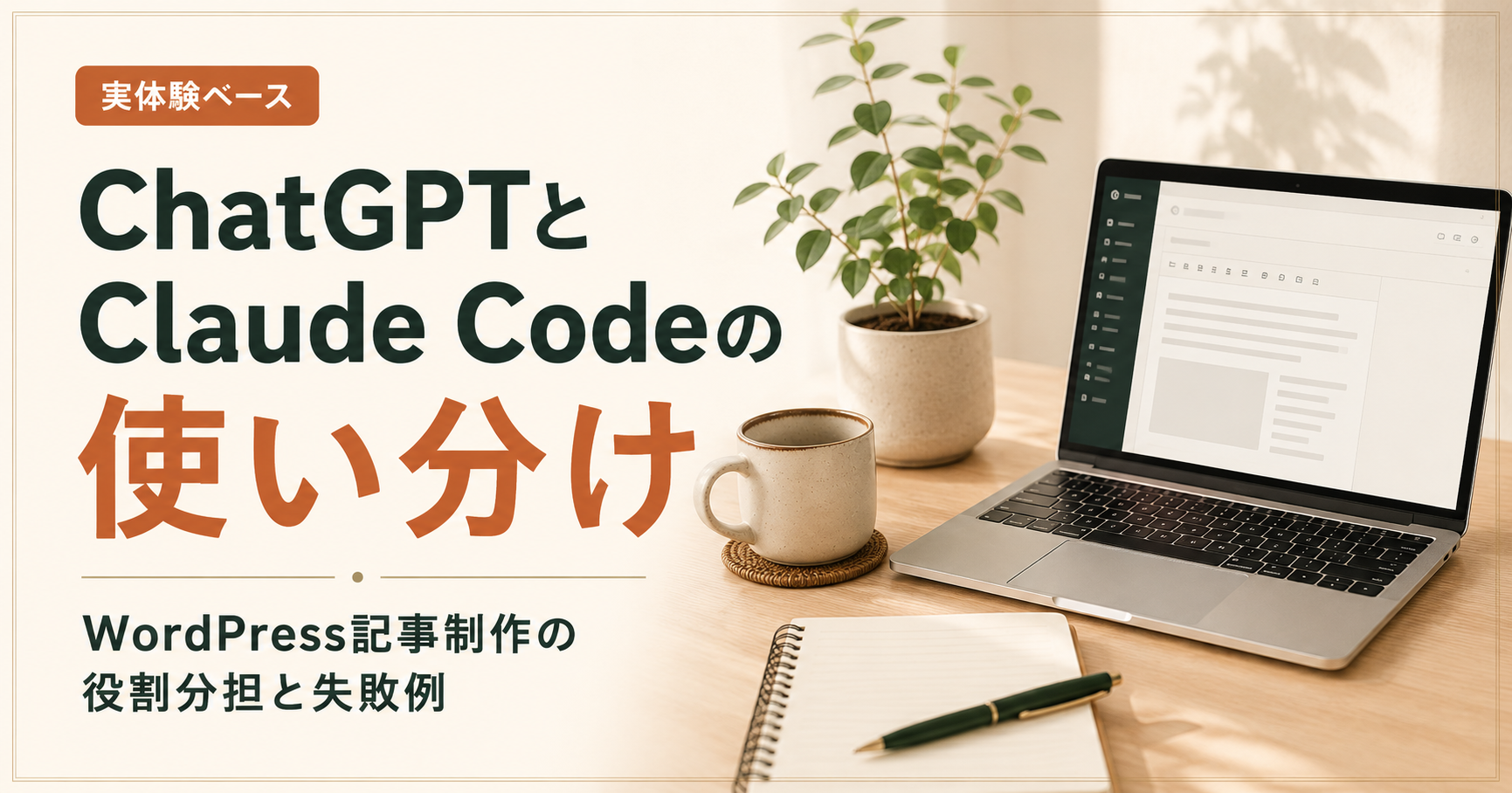 ChatGPTとClaude Codeの使い分けを紹介するWordPress記事のアイキャッチ